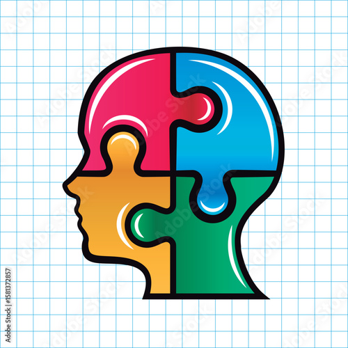 Man head profile colorful puzzle. Vector isolated on blue square grid with white background.