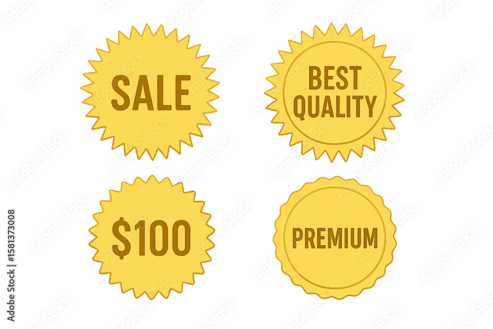 Golden sale badge set with glowing starburst labels for premium, price, best quality, and discount offer. Vector retro stickers with metallic sunburst icons on transparent background Golden sale badge set with glowing starburst labels for premium, price, best quality, and discount offer. Vector retro stickers with metallic sunburst icons on transparent background