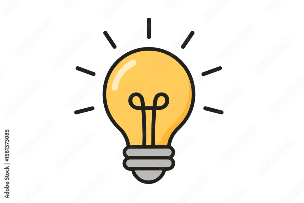 Bright yellow glowing light bulb icon. Vector illustration of idea symbol. Creativity concept. Innovation, invention, solution, startup sign. Shiny bulb with rays on dark background Bright yellow glowing light bulb icon. Vector illustration of idea symbol. Creativity concept. Innovation, invention, solution, startup sign. Shiny bulb with rays on dark background