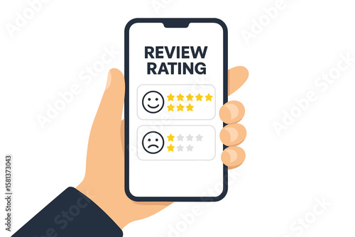 Hand Holding Smartphone with Customer Review Rating, User Feedback, Positive and Negative Star Ratings, Client Experience, Mobile App Interface, Online Survey, Satisfaction Evaluation