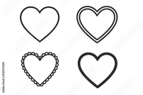 Heart shape frame icon collection. Minimalist outline vector set. Romantic black line design elements. Love heart borders, lace edge, double contour. Wedding, Valentine symbol