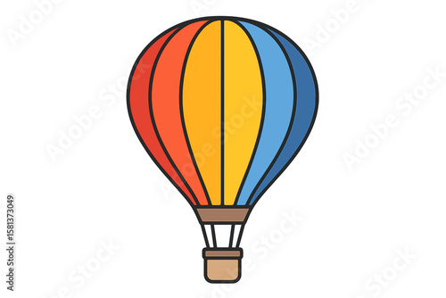 Hot air balloon vector illustration with colorful striped pattern. Red yellow blue vintage design. Travel adventure symbol. Cartoon balloon icon isolated on transparent background