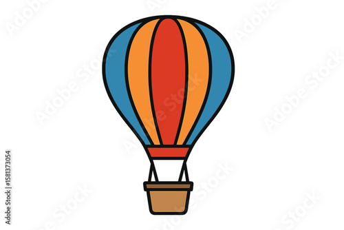Colorful hot air balloon vector icon. Vibrant striped red orange blue balloon with basket. Flat travel symbol. Air transportation clip art. Transparent background for design projects