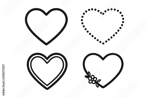 Romantic heart shape frame icon set. Outline love symbols. Floral heart border, dotted line heart, double line contour. Vector decoration for wedding, Valentine, romantic design
