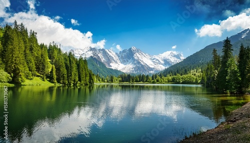 tranquil lake with lush green forest snow capped mountain blue sky and white clouds
