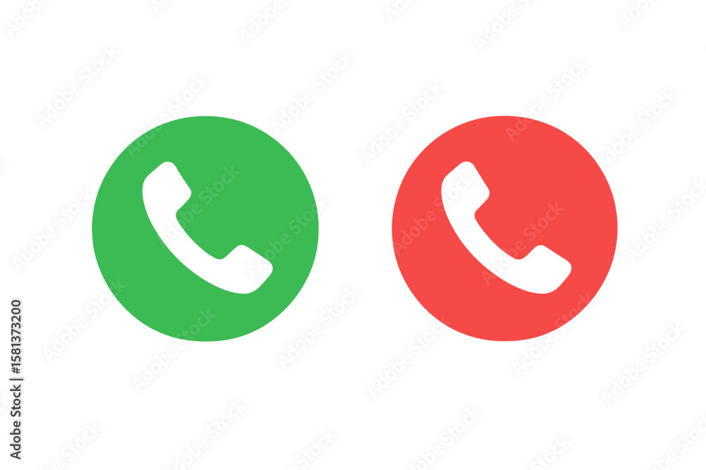 Phone call accept and decline buttons. Green and red glowing circular icons. Incoming call interface UI. Answer or reject phone call concept. Mobile app communication symbols Phone call accept and decline buttons. Green and red glowing circular icons. Incoming call interface UI. Answer or reject phone call concept. Mobile app communication symbols