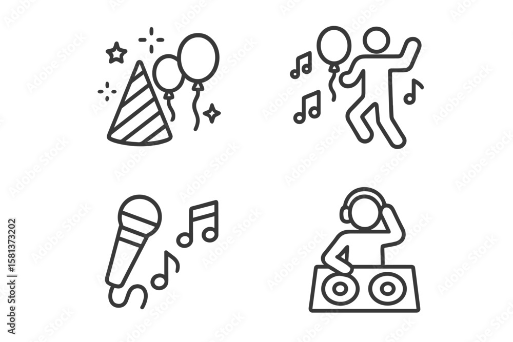 Obraz premium Party celebration web icon set. Line style vector with party hat, balloons, DJ mixing, microphone, dancing person, musical notes. Entertainment, music, celebration, karaoke symbols