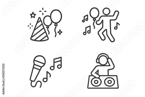 Party celebration web icon set. Line style vector with party hat, balloons, DJ mixing, microphone, dancing person, musical notes. Entertainment, music, celebration, karaoke symbols