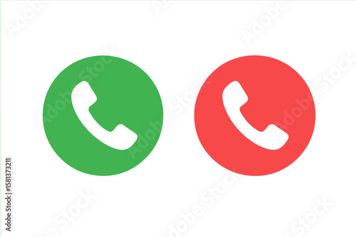 Green and red phone call buttons. Accept and decline incoming call icon set. Mobile UI interface elements. Communication symbol. Vector illustration. Flat design isolated on black