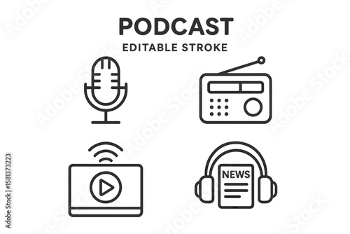 Podcast and broadcasting icons set. Linear style microphone, retro radio, headphones with news, video webcast screen. Editable stroke. Audio streaming, media broadcast symbols