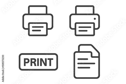 Print icon set with modern outline printer symbols, print button and document icons. Vector illustration for UI UX design, apps, software interface, and digital print services
