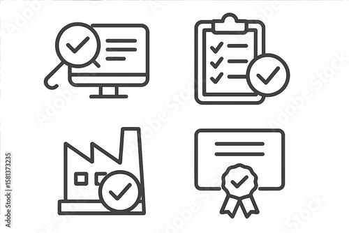 Quality control icon set. Line style web symbols for inspection, evaluation, production, certificate, checklist, and quality assurance. Minimalist UI/UX interface graphics