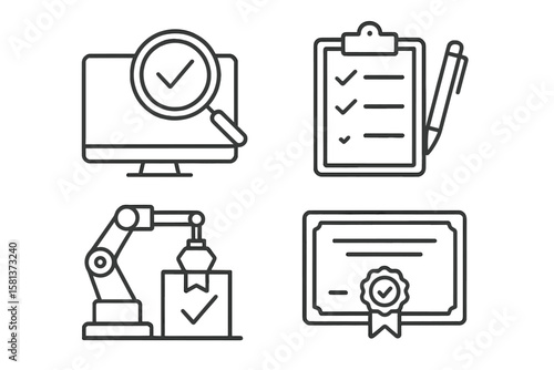 Quality control line icons set of 4 for web and mobile app, inspection, evaluation, production, and quality check symbols, thin outline style vector design