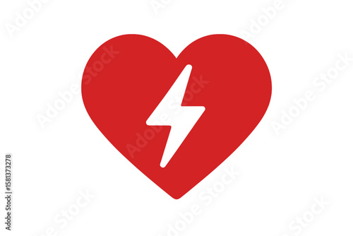 Red heart shape with white electric bolt symbol inside. Love and energy metaphor. Cardiovascular health. Passion and power. Medical emergency defibrillator icon concept