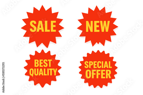Set of 4 red starburst sale promotional labels. Bright sunburst discount sticker design with text SALE, NEW, BEST QUALITY, SPECIAL OFFER. Shopping price tags for retail marketing