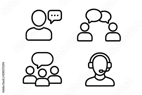 Communication icons set. Speech bubble, people talk, team discussion, customer support headset. Line style web symbols. Social interaction, chat, conversation, teamwork, dialogue