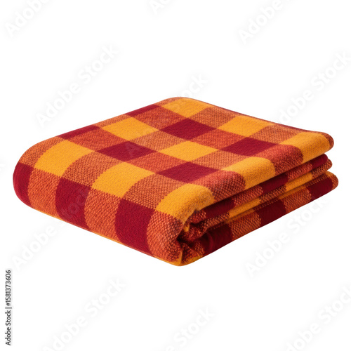 Folded red and yellow checkered throw blanket. Great for adding a cozy touch to any room.