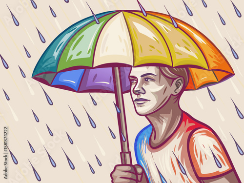 Person Holding Colorful Umbrella in Rainy Weather for Blogs, Websites, Weather Awareness, Mood Articles, and Digital Content  