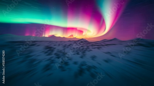Dynamic aerial top-down view of a vibrant sky filled with colorful northern lights.