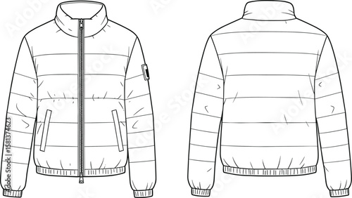 Flat Sketch of Quilted Jacket Featuring Horizontal Stitching, Front Zipper, High Collar, Sleeve Patch, Elastic Cuffs and Hem for Fashion Designers, Mockups