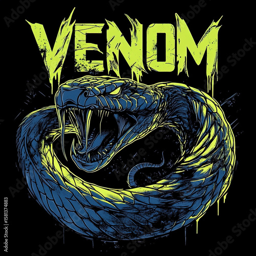 Powerful venom graphic illustrates a cobra snake with open fangs and bold lettering