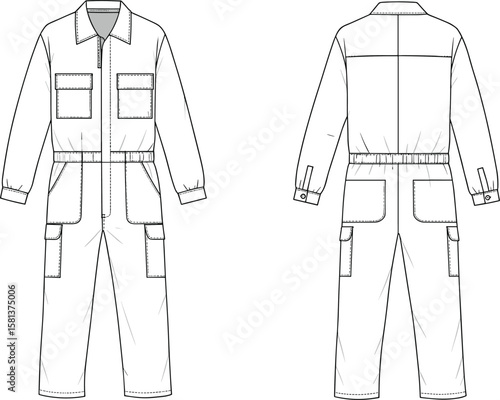 Flat Sketch of Long-Sleeve Coverall Featuring Front Zipper, Chest and Thigh Flap Pockets, Back Patch Pockets, Elastic Waistband for Fashion Designers, Apparel Mockups