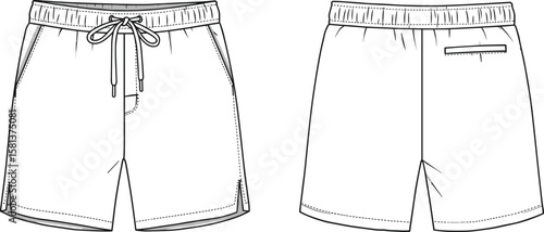 Flat Sketch of Casual Shorts Featuring Elastic Waistband, Drawstring, Side Patch Pockets, Back Welt Pocket and Seam Details, Ideal for Fashion Designers, Mockups