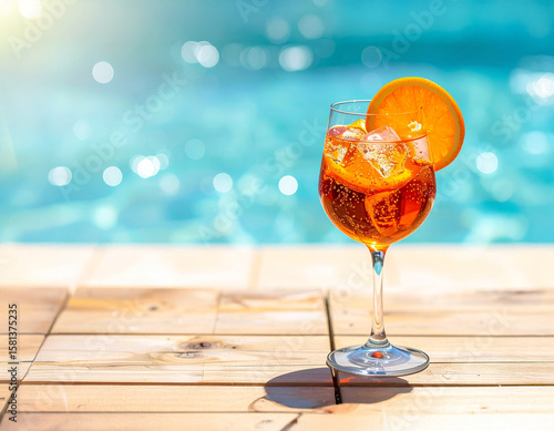Drink Aperol Spritz com laranja e cubos de gelo em uma linda taça a beira da piscina em uma mesa de madeira. Espaço para texto