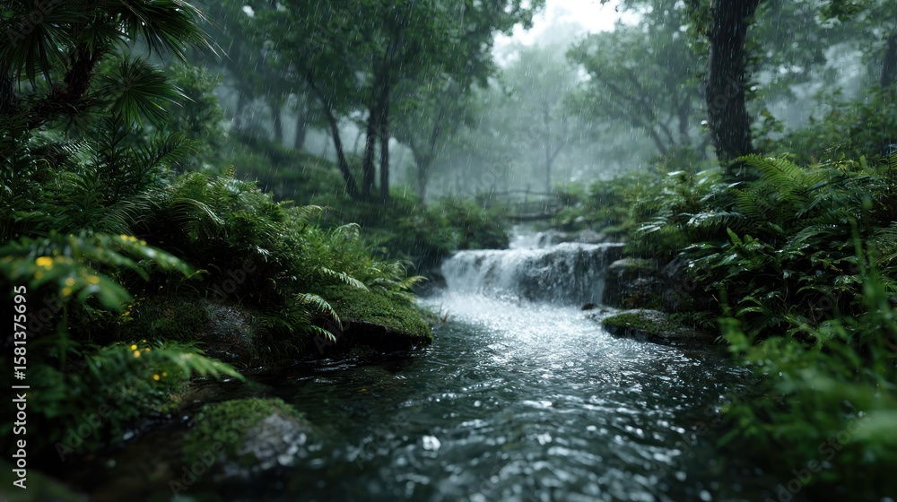 Serene Rainforest Stream Under a Gentle Rain: Lush Greenery and Cascading Water Serene Rainforest Stream Under a Gentle Rain: Lush Greenery and Cascading Water