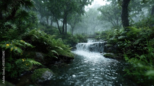 Serene Rainforest Stream Under a Gentle Rain: Lush Greenery and Cascading Water