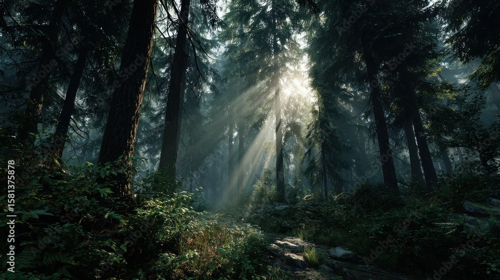 Fototapeta premium Sunbeams Filtering Through a Mystical Evergreen Forest