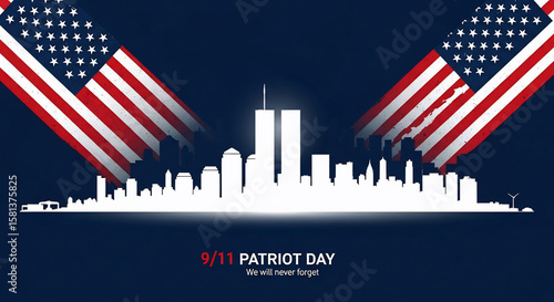 Patriot Day 9/11 vector illustration. New York City skyline, with Twin Towers silhouette, is framed by American flags