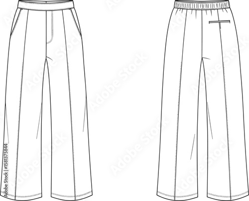 Flat Technical Sketch of Men’s Straight-Leg Pants with Front Fly, Side Pockets, Elastic Back Waistband, Ideal for Apparel Design, Mockups, Clothing Illustration