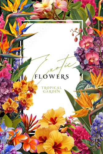 Vintage vector illustration with colorful tropical flowers on a changeable background. Floral design template for wedding invitation, greeting card, notebook cover, flyer or banner.