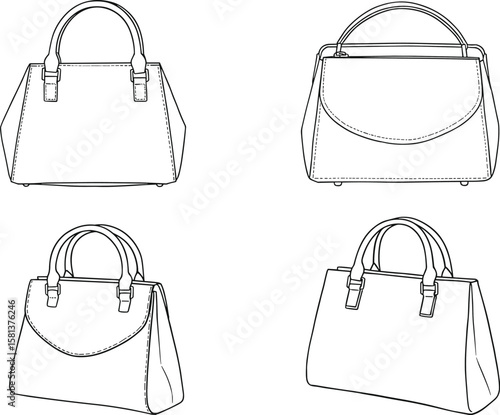 Technical sketch of women’s handbags with flap closures, structured bodies, short handles, minimalist accessory blueprint, fashion design illustration, bag mockup, front angle view
