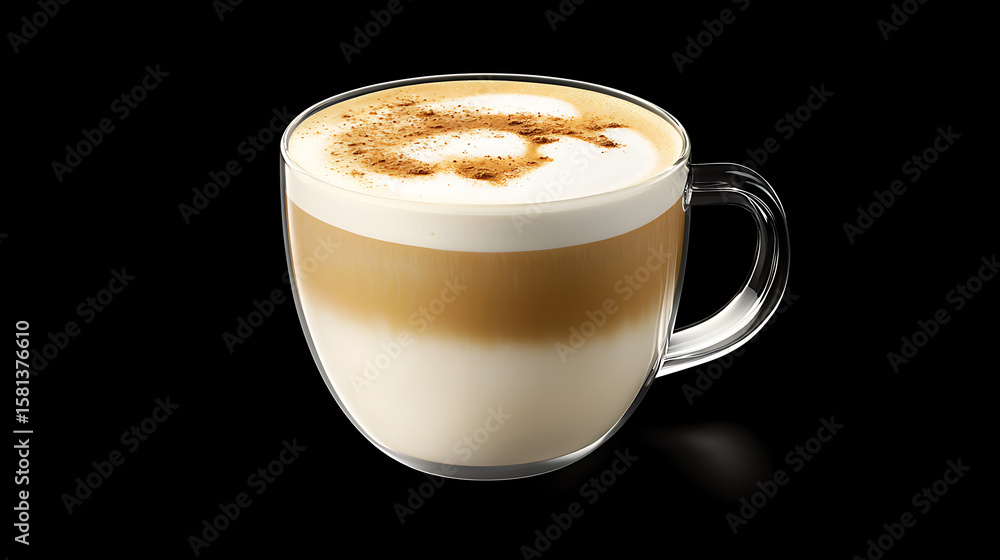 Obraz premium Creamy caramel latte in clear glass cup, featuring layers of espresso, steamed milk, and sprinkle of cinnamon on top, evokes warmth and comfort