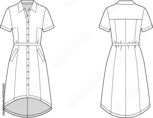 Front and back technical sketch of women’s dress, short sleeves, curved hemline, button closure, collar, side pockets, fashion design blueprint for garment construction
