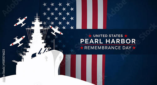 Pearl Harbor Remembrance Day illustration with a battleship silhouette and Japanese planes against a United States flag
