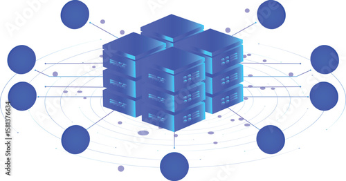Isometric hosting servers. Concept of server hosting. Online computing technology. Digital technology template for adds icons or digital elements. Web hosting technology, data services center