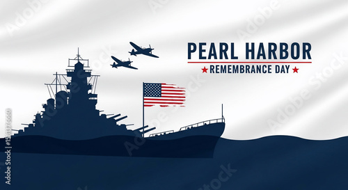Pearl Harbor Remembrance Day vector design shows a battleship silhouette with planes and an American flag