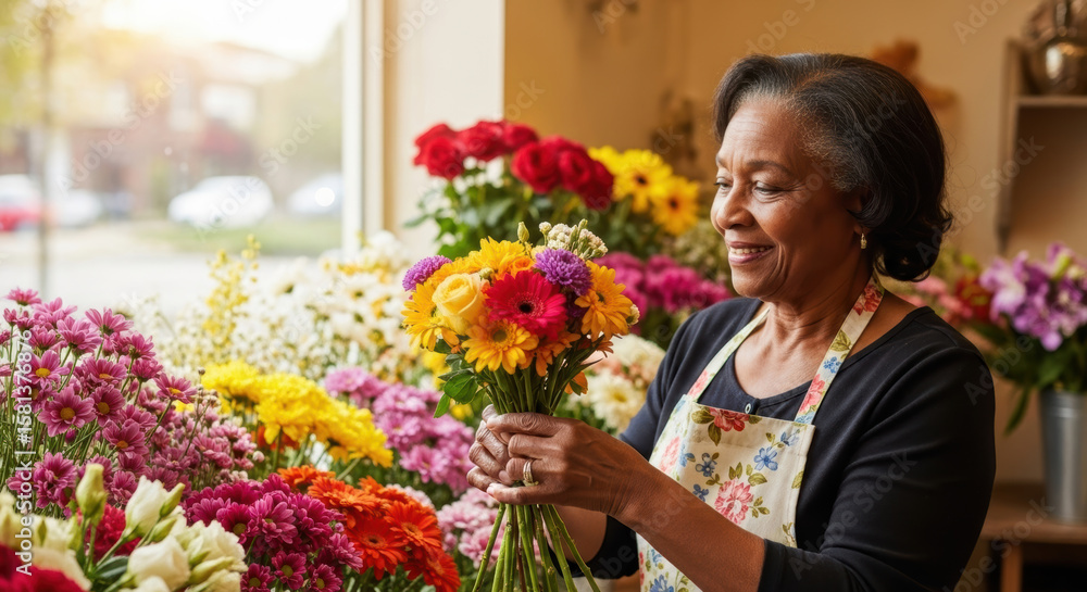 Woman in apron arranging colorful flowers in a bouquet at a flower shop with window in the background Woman in apron arranging colorful flowers in a bouquet at a flower shop with window in the background