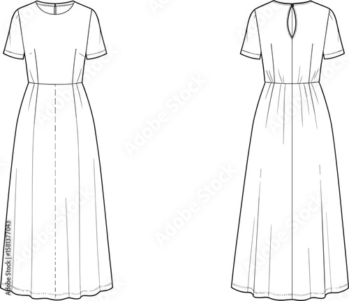 Women’s short sleeve dress vector template, scoop neckline fashion sketch, fitted bodice with princess seams, flared paneled skirt, keyhole back garment mockup illustration