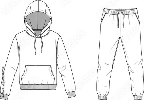 Matching Hoodie and Sweatpants Set, Front View Sketch, Drawstring Hood and Waistband, Ribbed Cuffs Detail, Fashion Apparel Blueprint, Comfortable Streetwear Illustration, Cozy