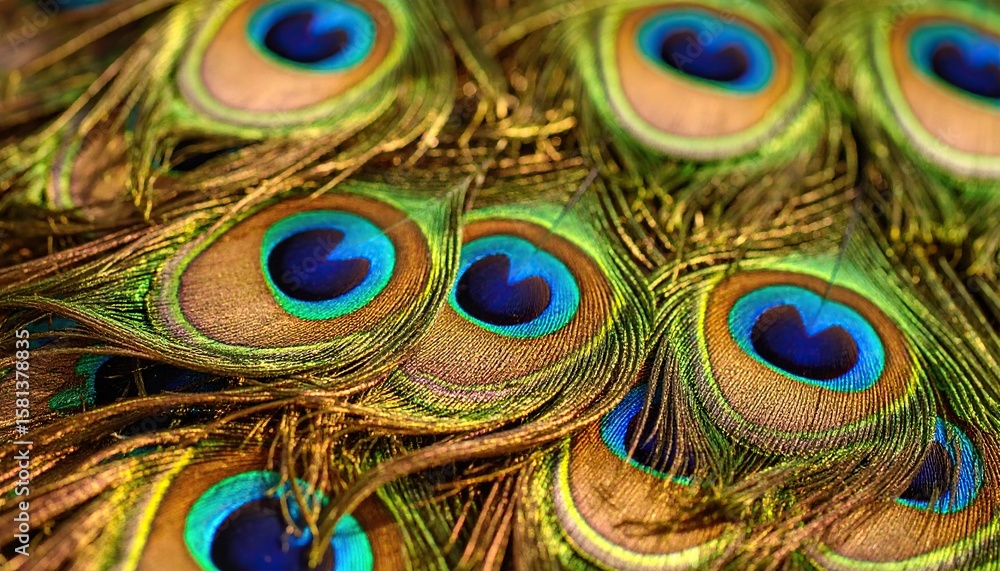 Fototapeta premium Detailed peacock feather pattern featuring vibrant colors and textures.