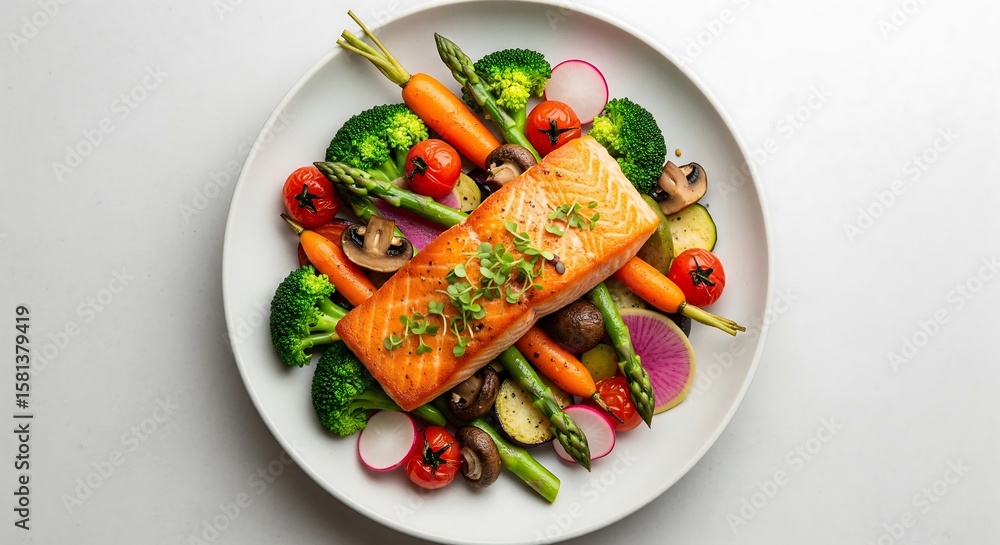 Pan-seared salmon fillet served atop a colorful medley of roasted vegetables including broccoli, carrots, asparagus, cherry tomatoes, mushrooms, and radishes. Healthy and visually appealing Pan-seared salmon fillet served atop a colorful medley of roasted vegetables including broccoli, carrots, asparagus, cherry tomatoes, mushrooms, and radishes. Healthy and visually appealing