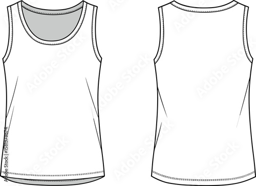 Tank top fashion sketch, front and back view, sleeveless design, round neckline, garment template layout, stitching detail, flat vector illustration, clothing mockup, white background