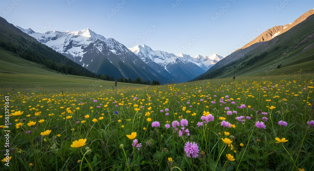 Fototapeta premium Serene Alpine Meadow with Snow-Capped Peaks and Wildflowers Under a Blue Sky, a Peaceful Mountain Landscape