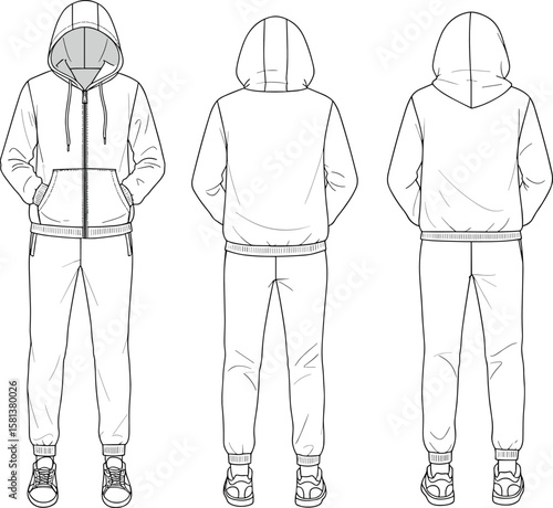 Hoodie and sweatpants sketch, front back angled view, zipper and drawstring detail, garment template, fashion illustration, clothing mockup, technical layout, white background