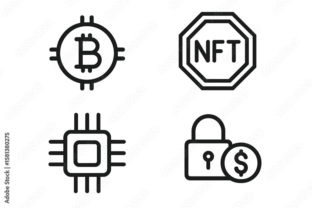 Cryptocurrency and Blockchain Line Icons Set. Bitcoin, NFT, Digital Security, Microchip. Crypto Technology Symbols for Web, App, Fintech, Digital Currency, Blockchain Network, Secure Payment Cryptocurrency and Blockchain Line Icons Set. Bitcoin, NFT, Digital Security, Microchip. Crypto Technology Symbols for Web, App, Fintech, Digital Currency, Blockchain Network, Secure Payment