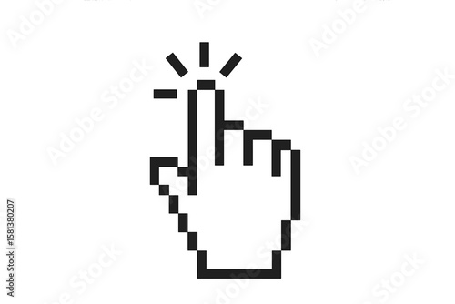 Pixel art hand cursor icon. Computer mouse pointer symbol for clicking a link or button. Vector illustration of a finger press gesture for web UI. Digital 8-bit select.